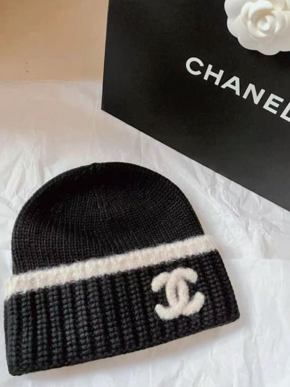 Chanel Black & White Stripe Knit Beanie